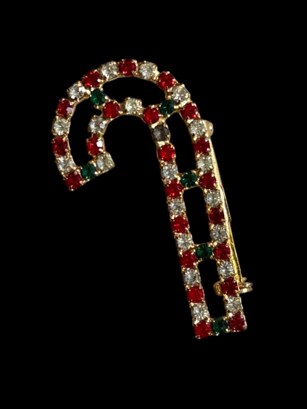 Vintage Rhinestone Candy Cane Christmas Brooch Pin Gold-Tone